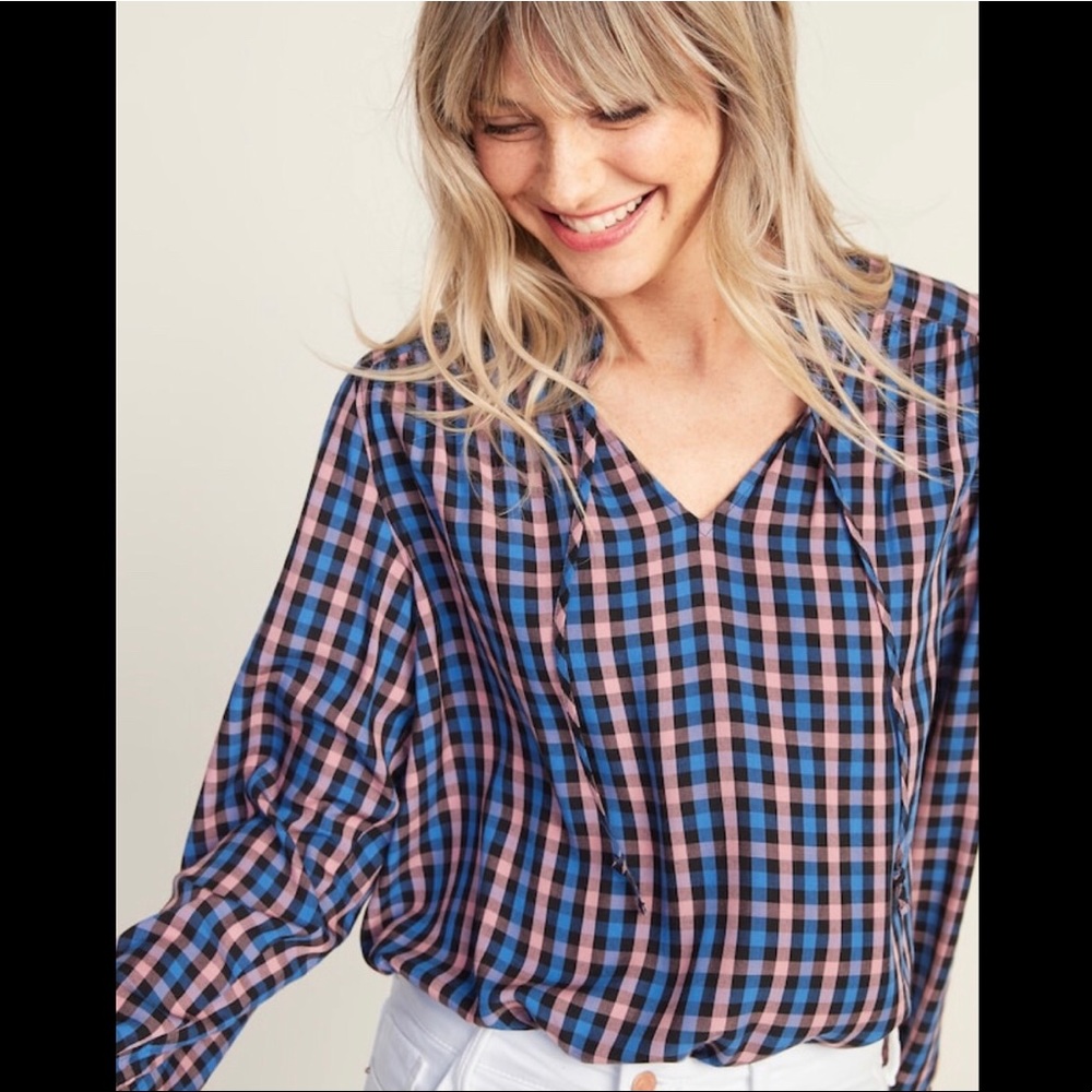 NWT Old Navy Plaid Mandarin Collar Tie Neck Top